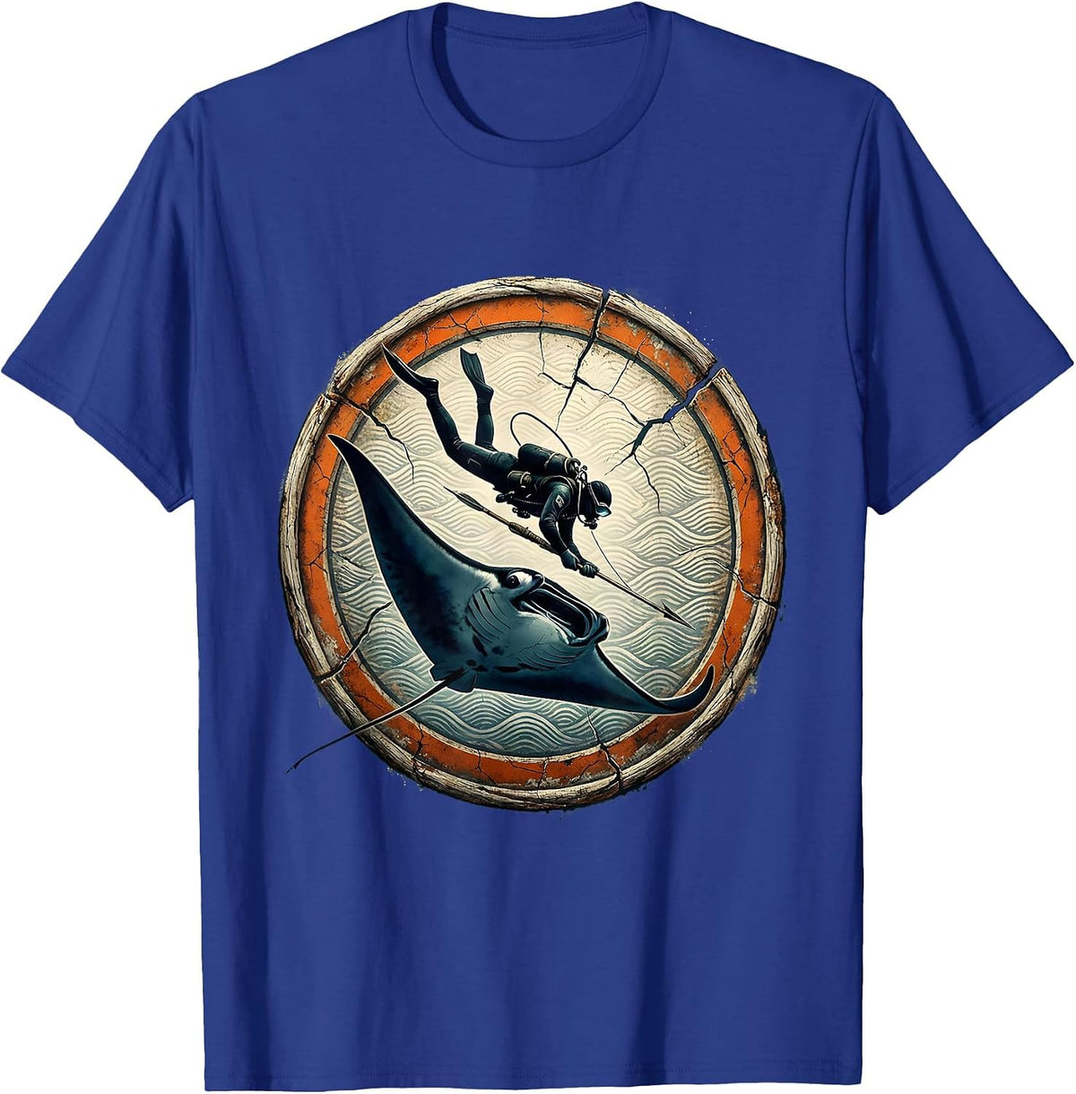 Spearfisher and Manta Ray Underwater Art T-Shirt - Royal Blue