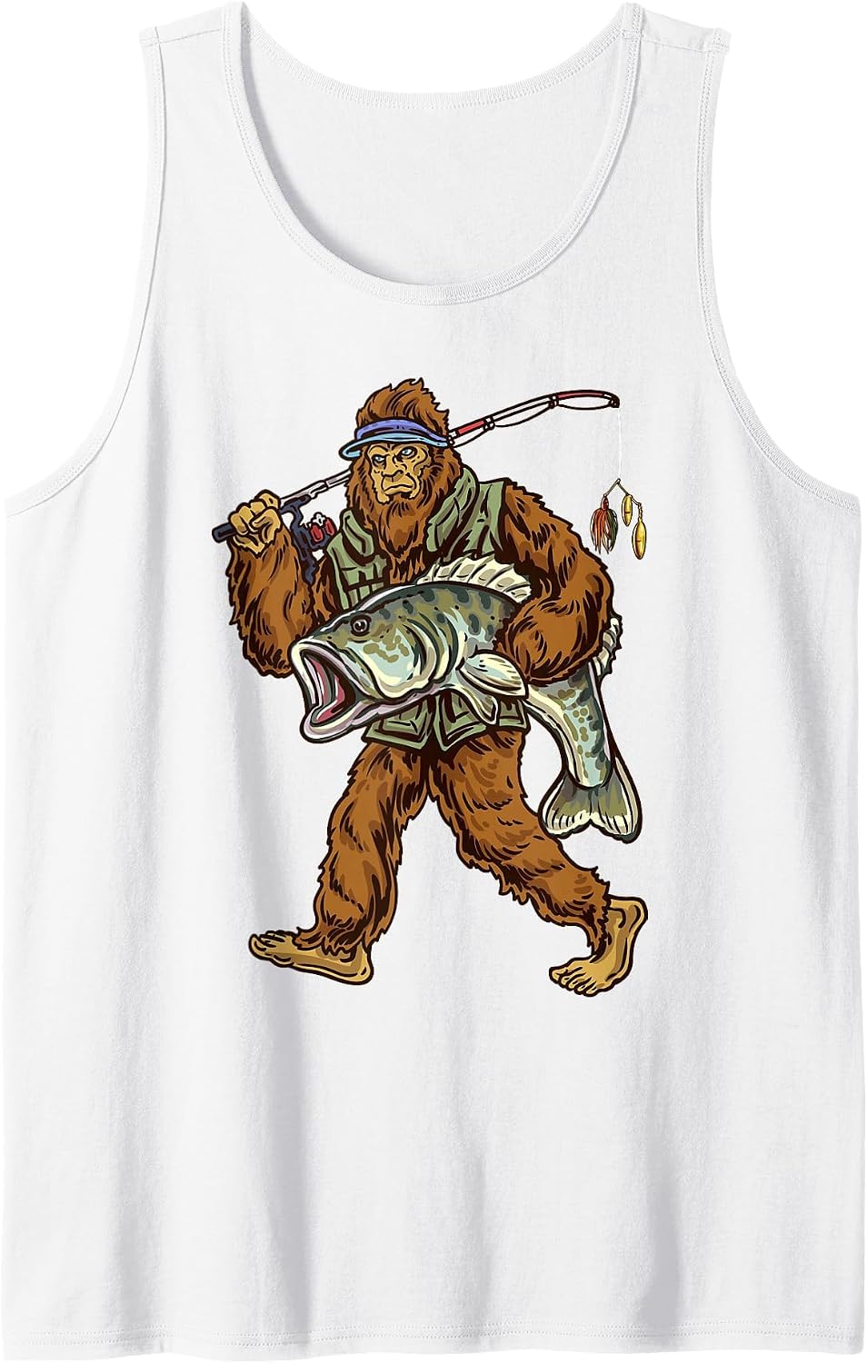 Largemouth Bass Fishing Bigfoot Fisherman Tank Top - White
