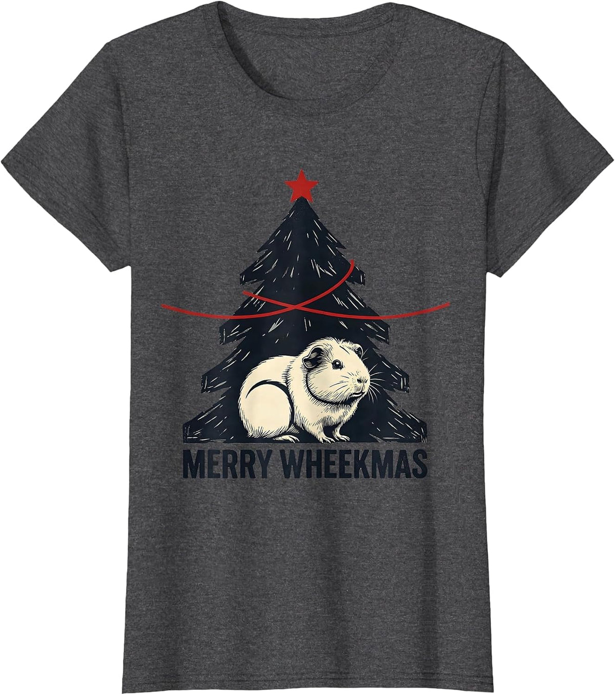 Women's Merry Wheekmas Linocut Guinea Pig Christmas Pet Lover Humor T-Shirt - Dark Heather Grey