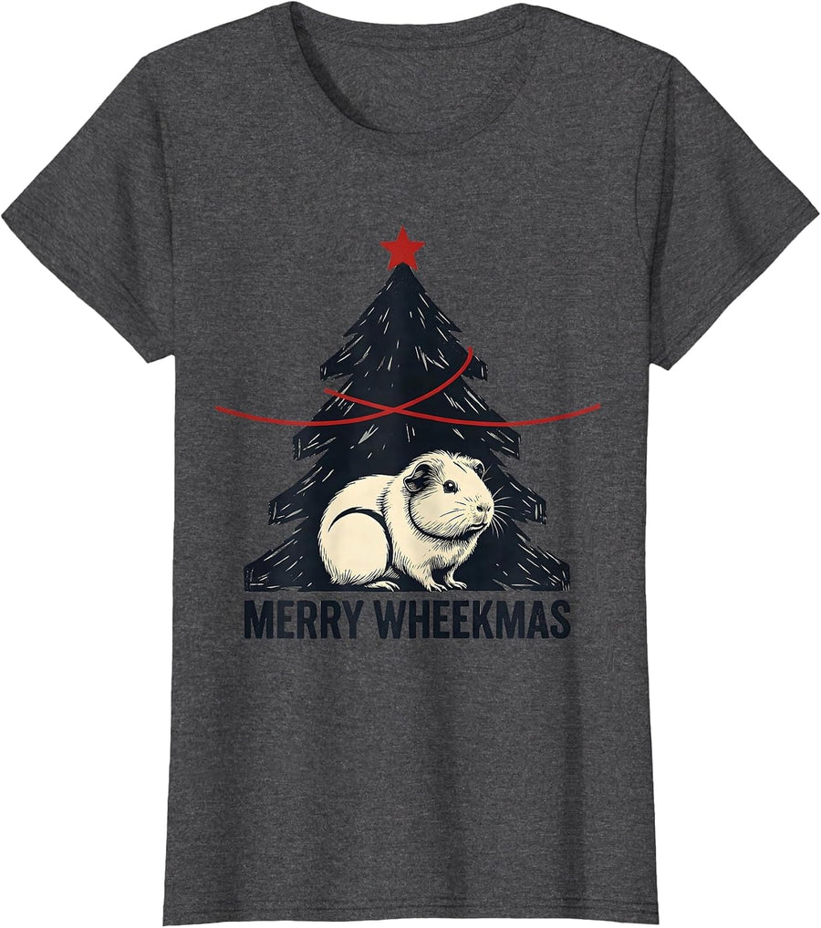 Women's Merry Wheekmas Linocut Guinea Pig Christmas Pet Lover Humor T-Shirt - Dark Heather Grey