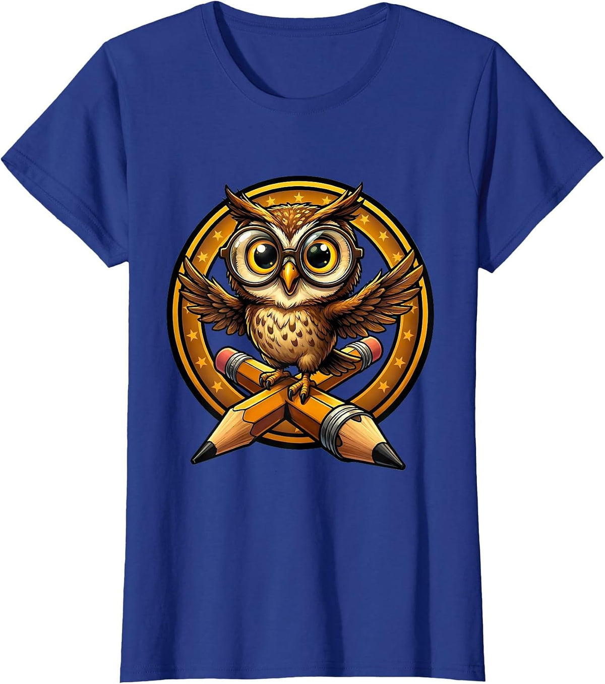 Women's Sped Teacher Owl on Pencil Glasses Graphic T-Shirt - Royal Blue