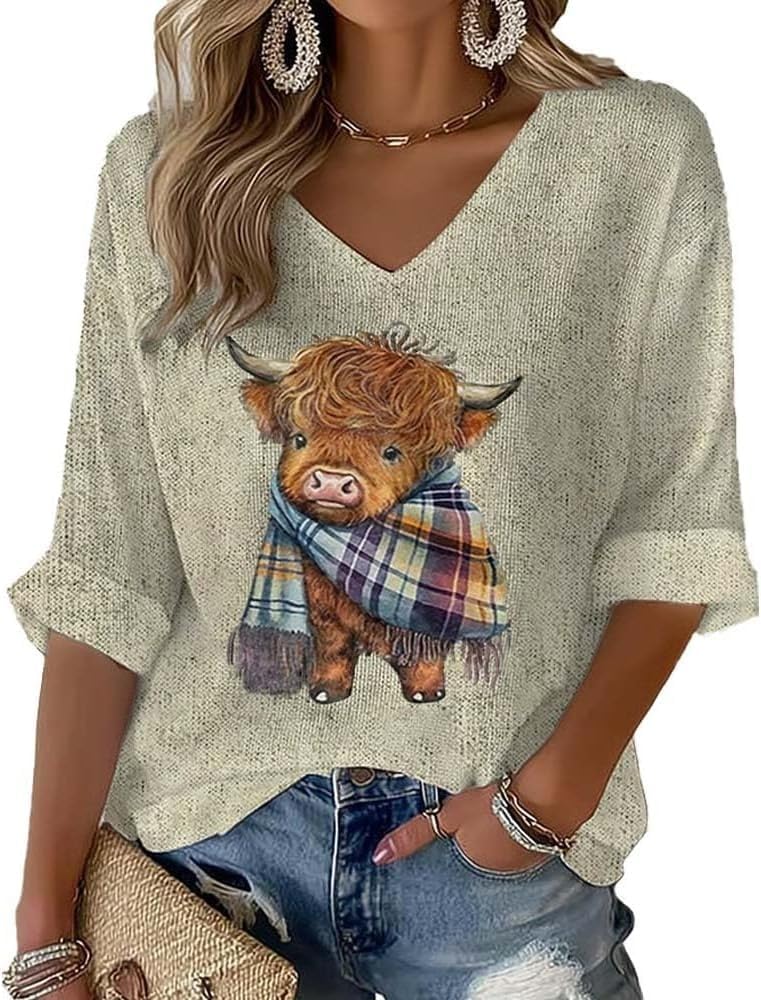 Women's Western Cute Highland Cow Print Casual Sweatshirt Cozy Season Funny Top - Apricot