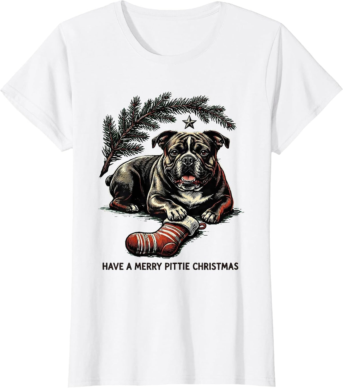 Have A Merry Pittie Christmas Funny Pitbull Lover Linocut T-Shirt - White