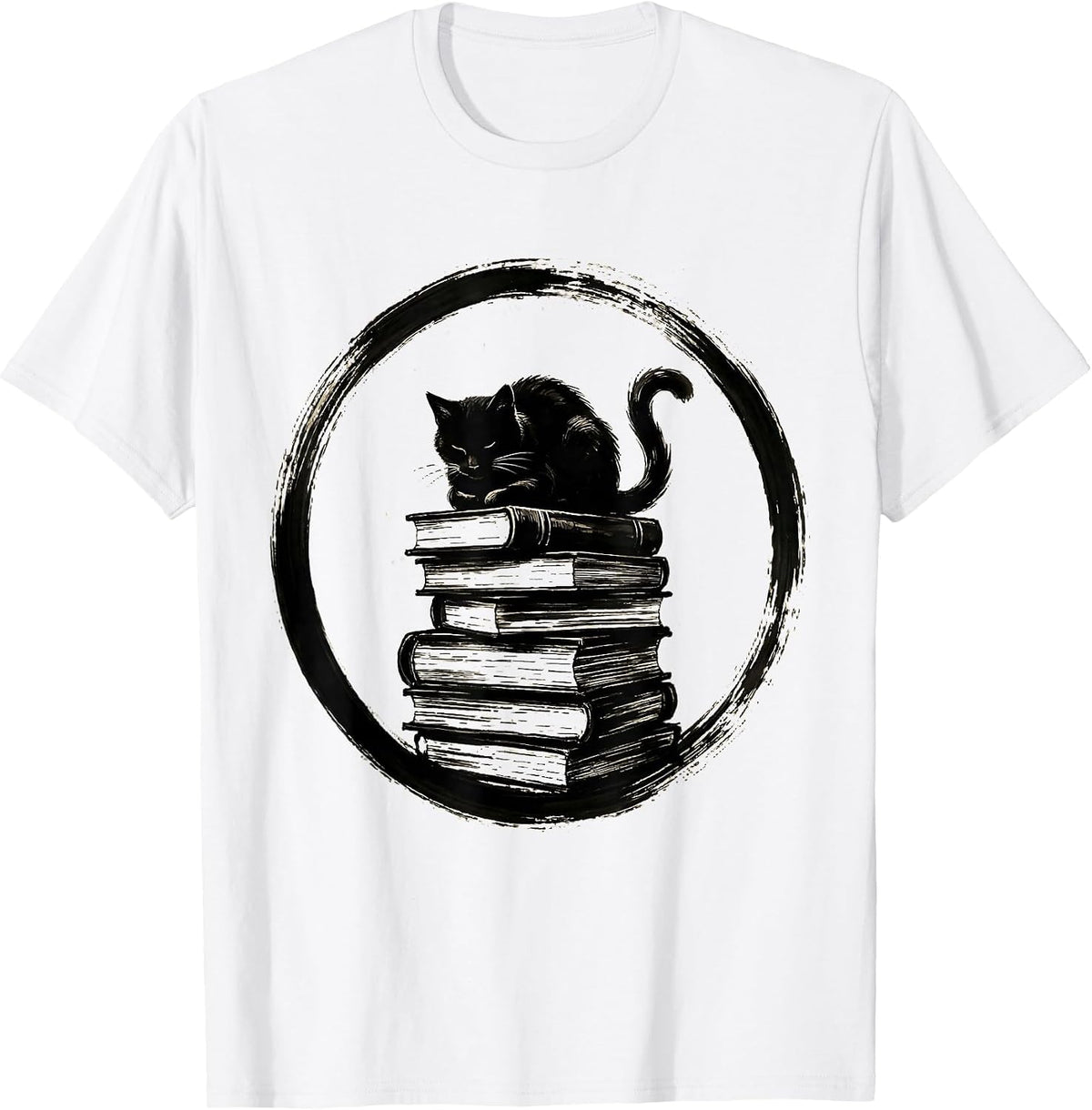 Men's Cat on a Stack of Books Illustration T-Shirt - White
