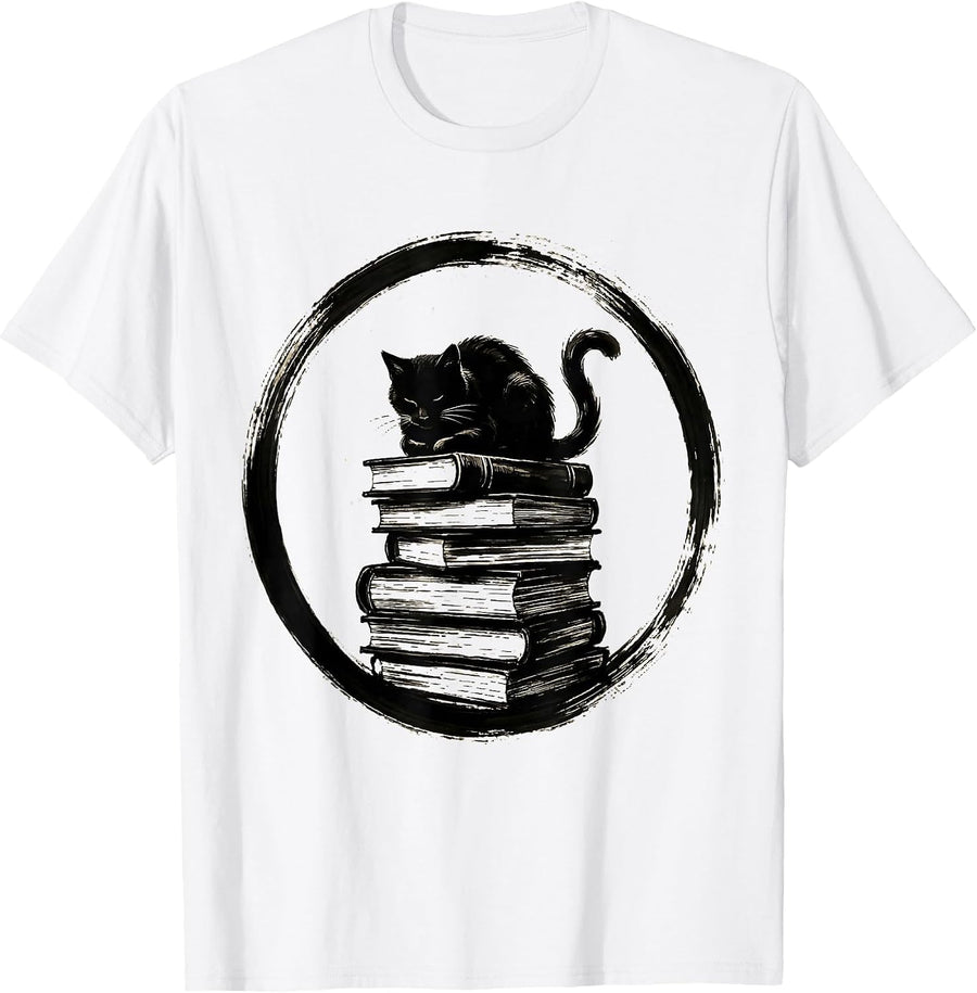 Men's Cat on a Stack of Books Illustration T-Shirt - White