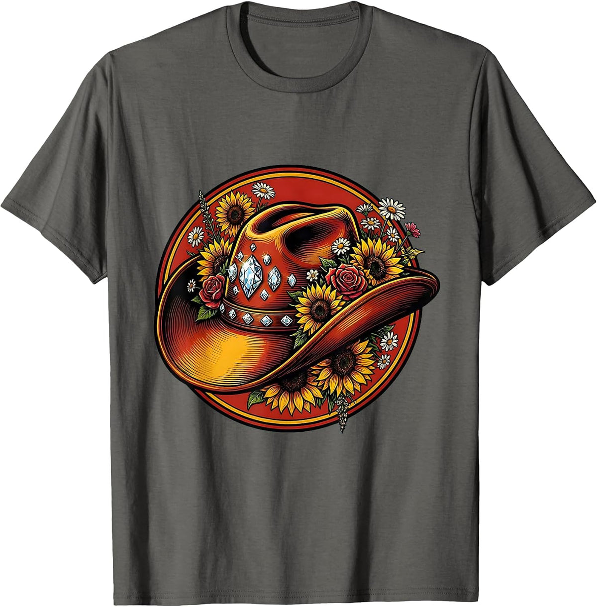 Rhinestone Cowgirl Hat Wildflowers Rodeo Graphic T-Shirt - Asphalt Grey