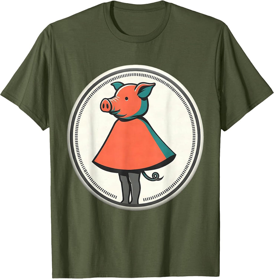 Men's Sealed Pig Badge Midcentury Modern Pig Lover Halloween T-Shirt - Olive Green