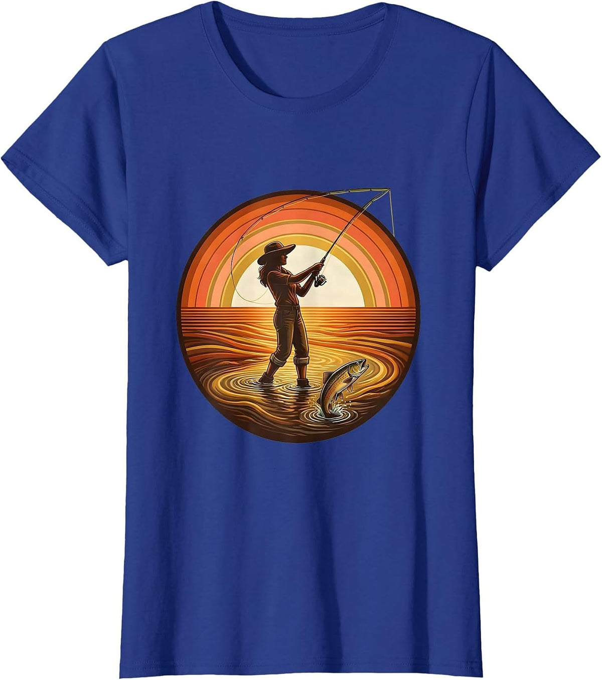 Women's Fly Fishing Wading Stream Catching Trout Graphic T-Shirt - Royal Blue