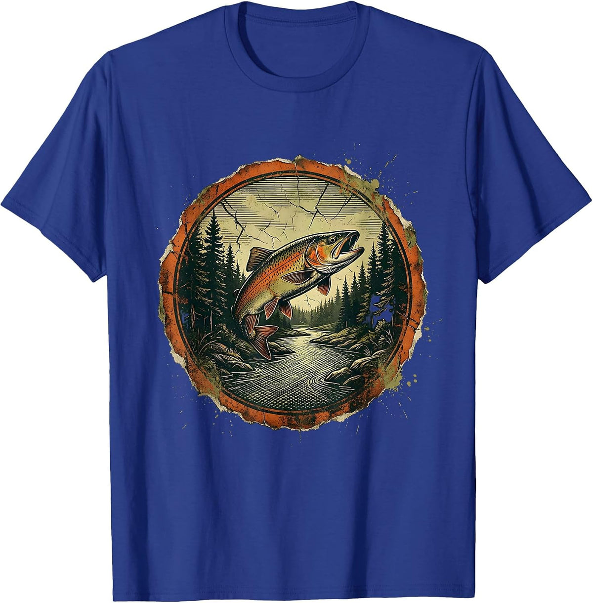 Men's Trout Stream Pine Forest Fly Fishing Illustration T-Shirt - Royal Blue