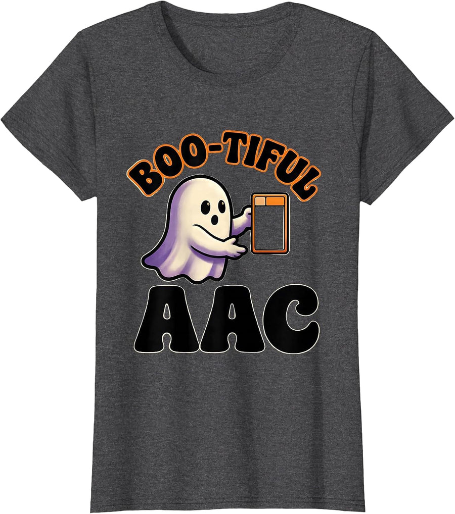 Women's Boo-tiful AAC Funny Ghost Speech Therapy SLP Teacher T-Shirt - Dark Heather Grey