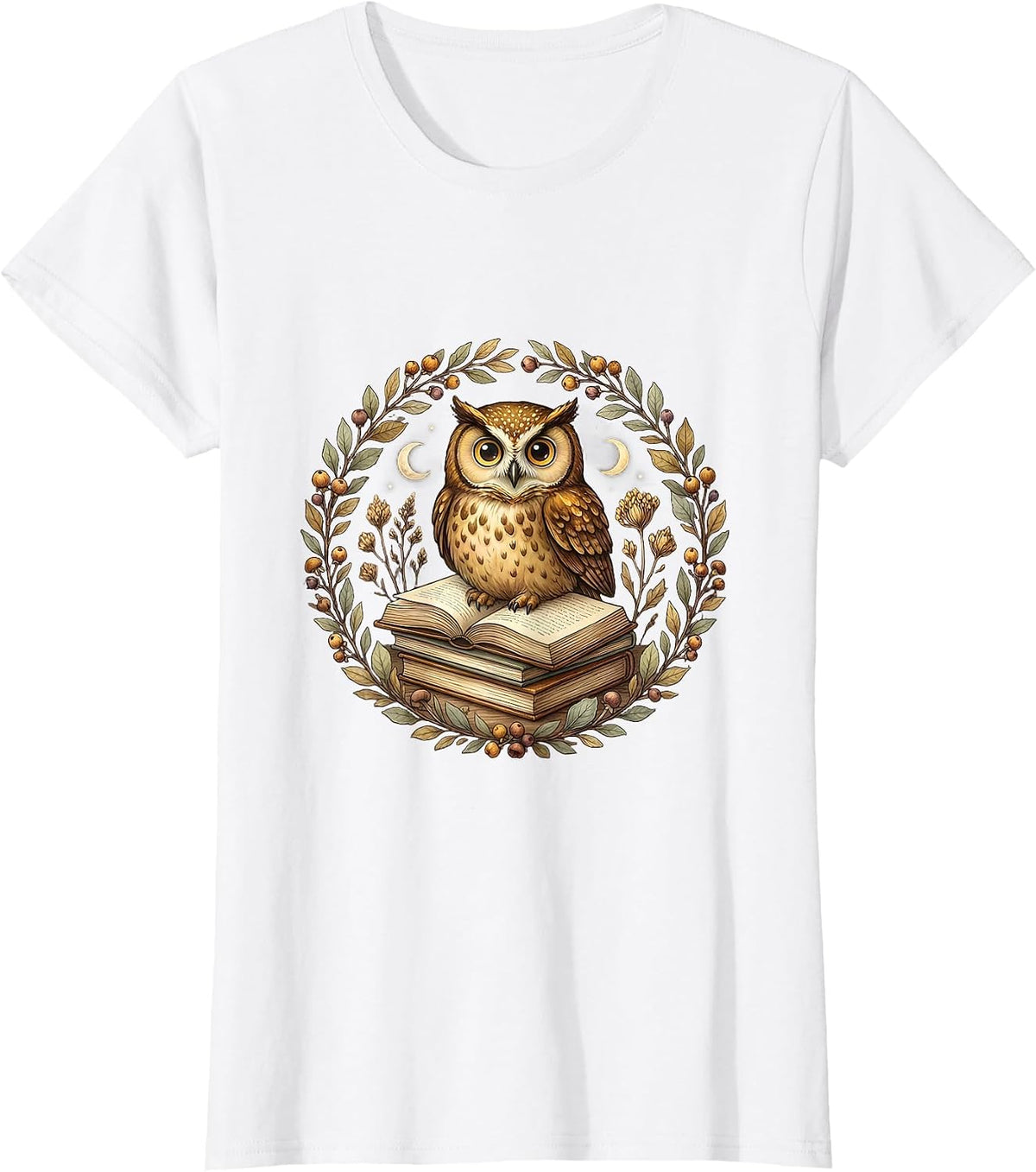Women's Owl Perched on Stack of Books Illustration T-Shirt - White