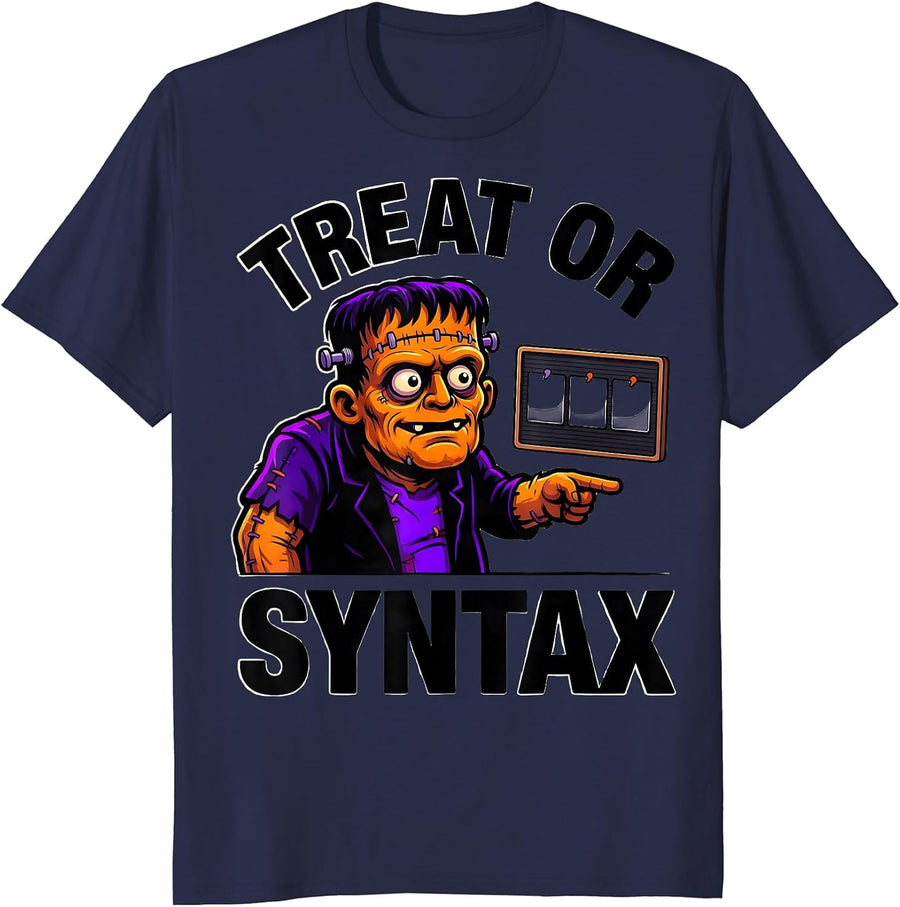 Treat Or Syntax Cartoon Halloween Speech Therapy SLP Teacher T-Shirt - Navy Blue