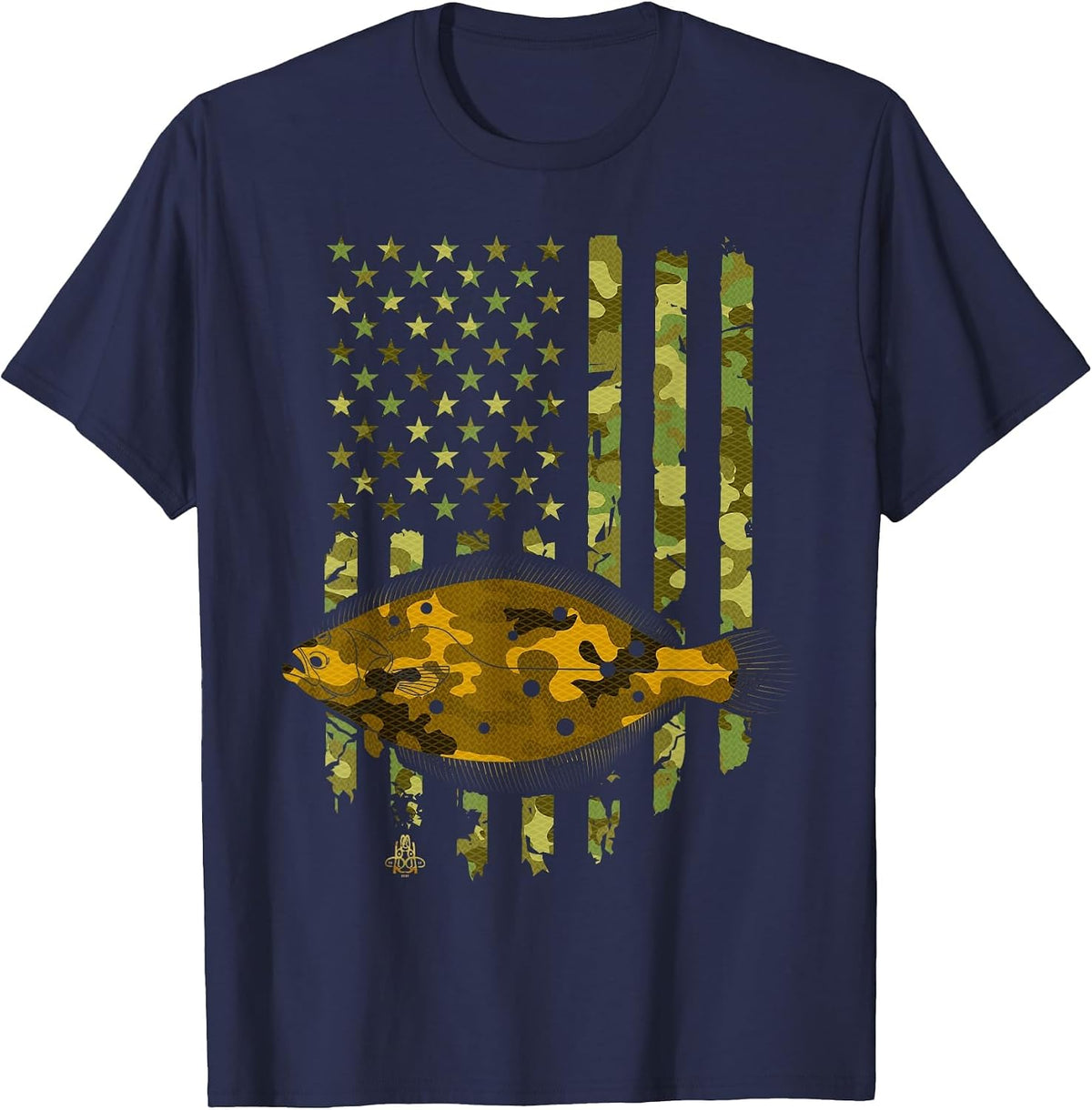 Flatfish Fishing Plaice Halibut American Flag Camouflage T-Shirt - Navy Blue