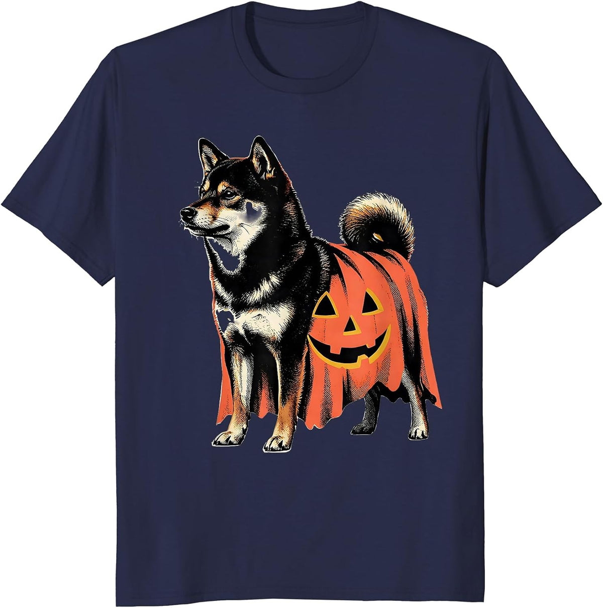Men's Shiba Inu Ghost Pumpkin Midcentury Modern Halloween T-Shirt - Navy Blue