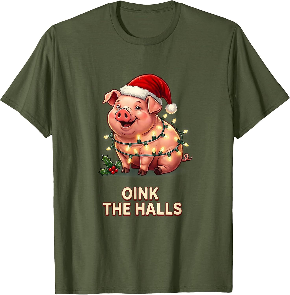 Men's Oink The Halls Funny Pig Christmas Lights Costume Humor T-Shirt - Olive Green