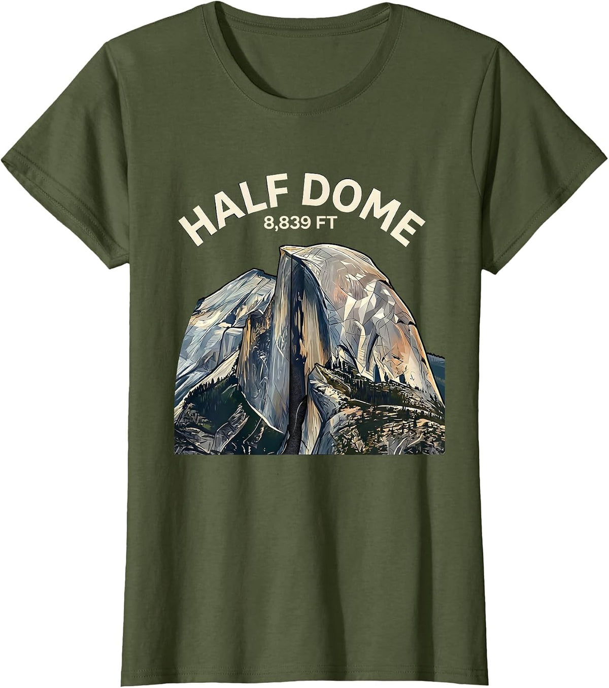 Women's Half Dome 8,839 FT Exploded View Technical Yosemite Hiker T-Shirt - Olive Green