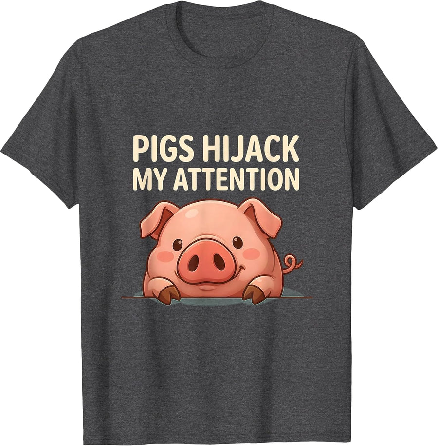 Men's Pigs Hijack My Attention Cute Kawaii Pig Lover Farm Animal T-Shirt - Dark Heather Grey