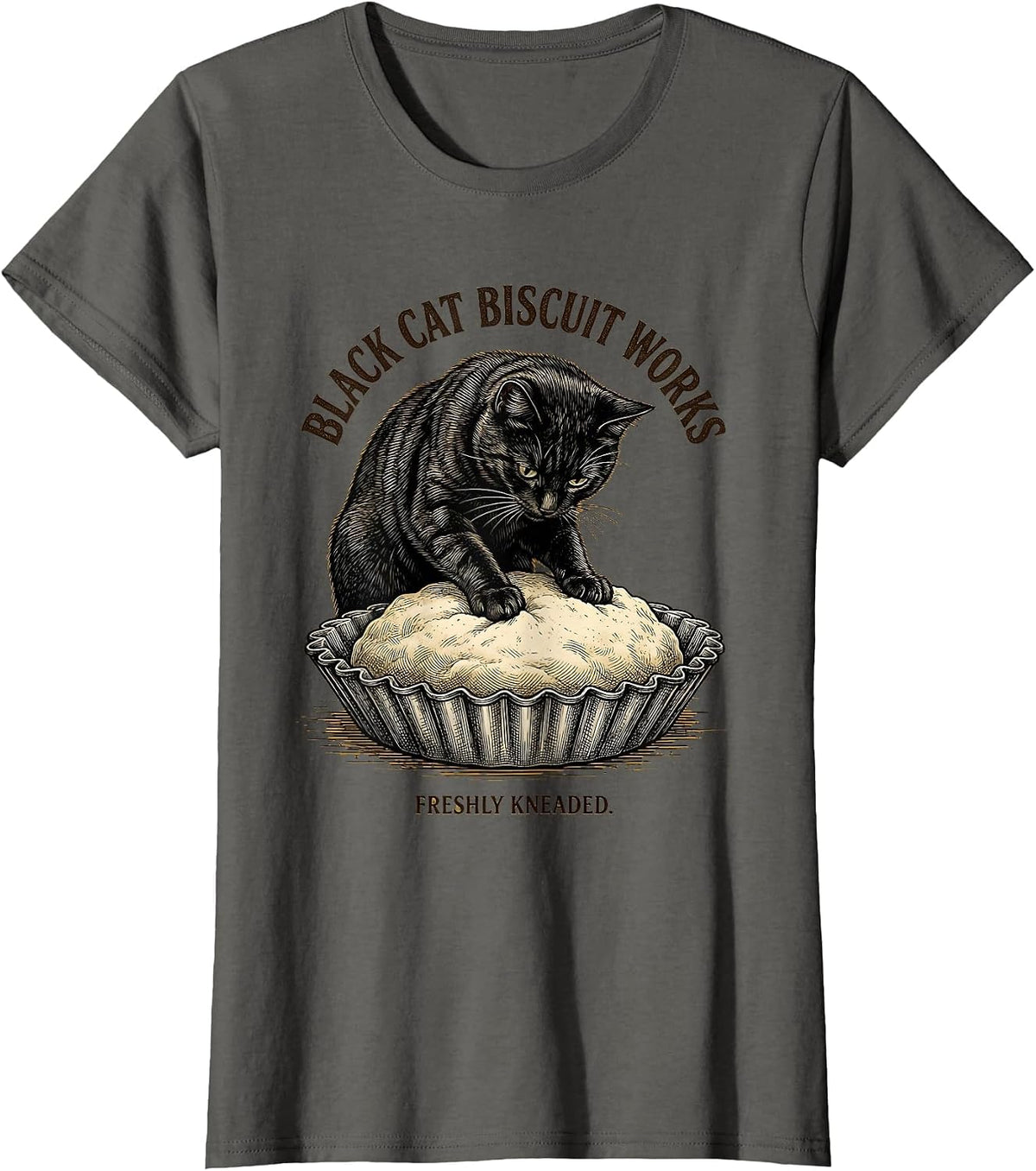 Women's Black Cat Biscuit Works Freshly Kneaded Funny Cat Lover T-Shirt - Asphalt Grey
