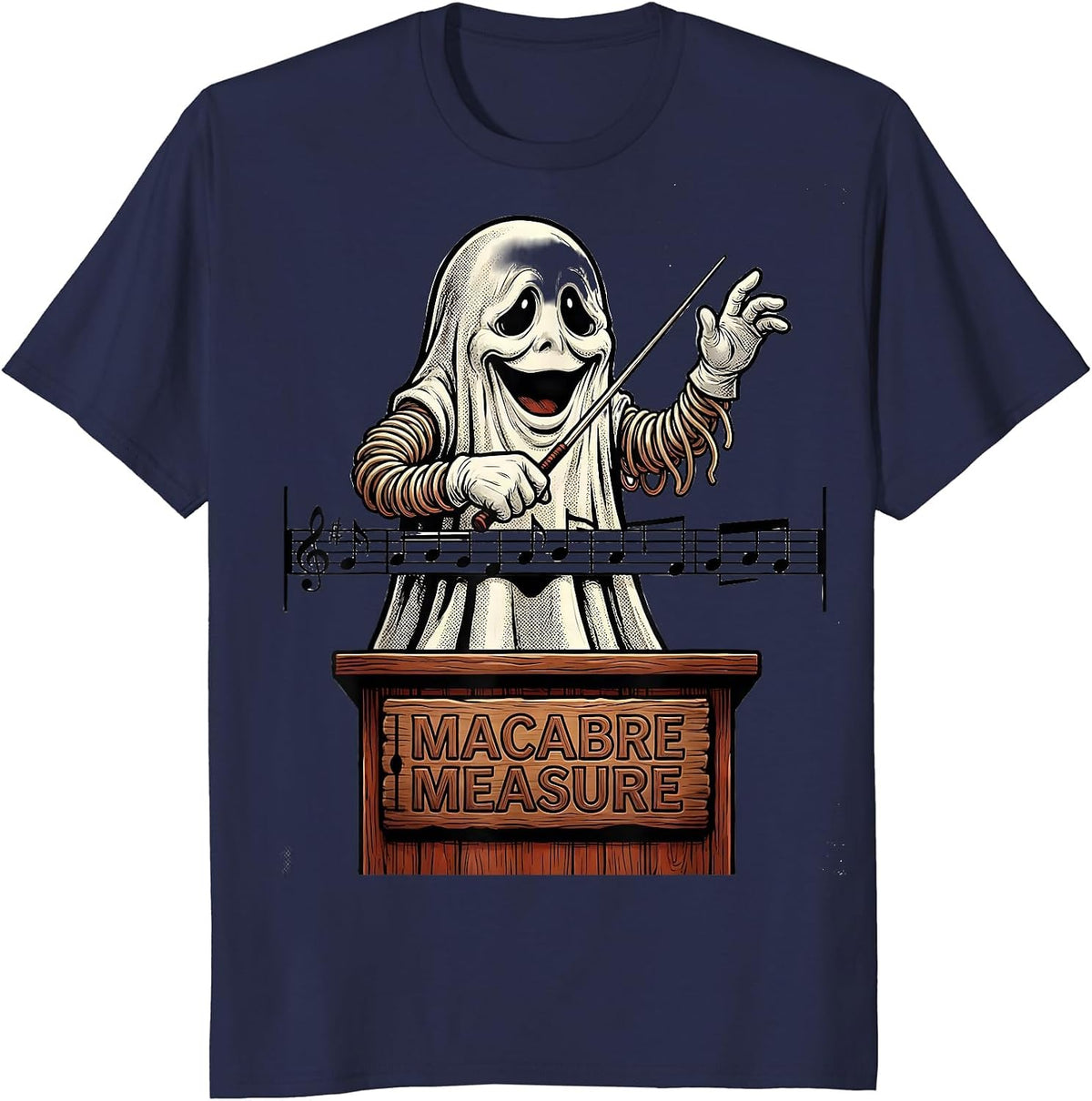 Men's Macabre Measure Retro Cartoon Ghost Music Teacher Halloween T-Shirt - Navy Blue
