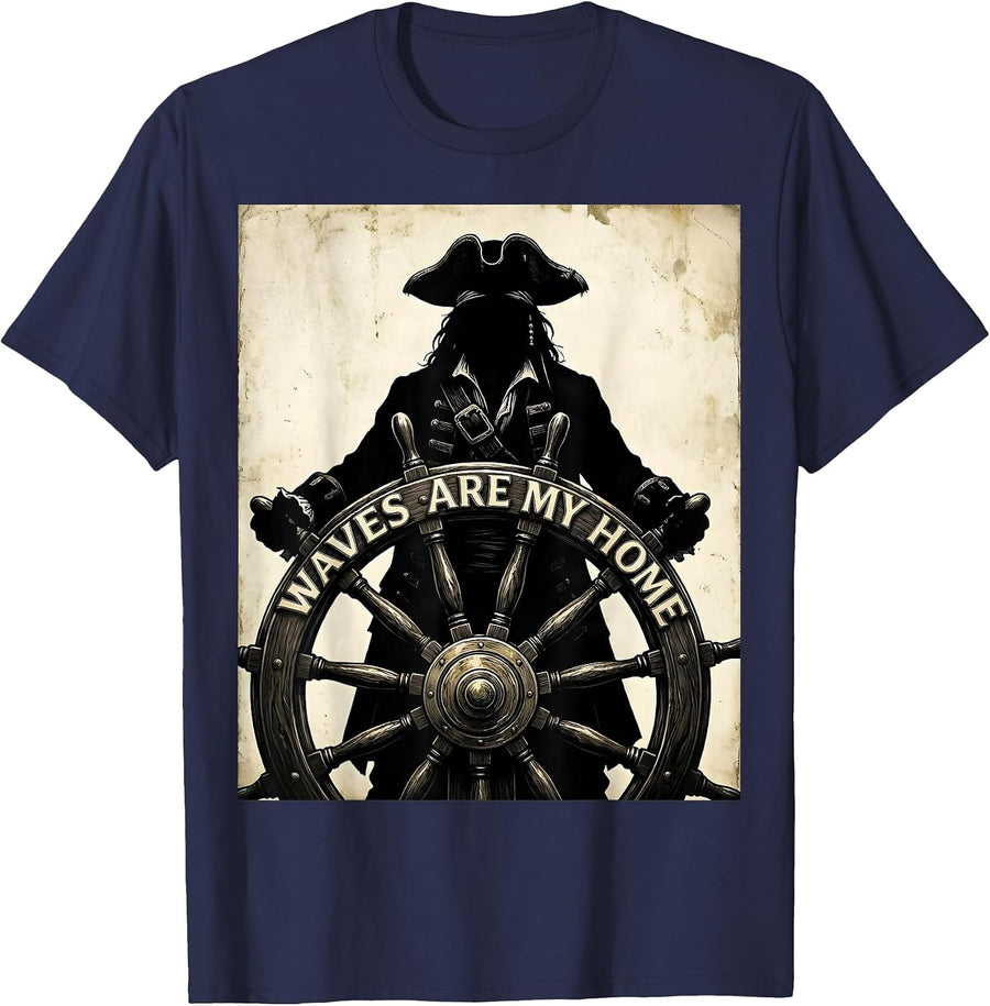 Waves Are My Home Pirate Nautical Design T-Shirt - Navy Blue