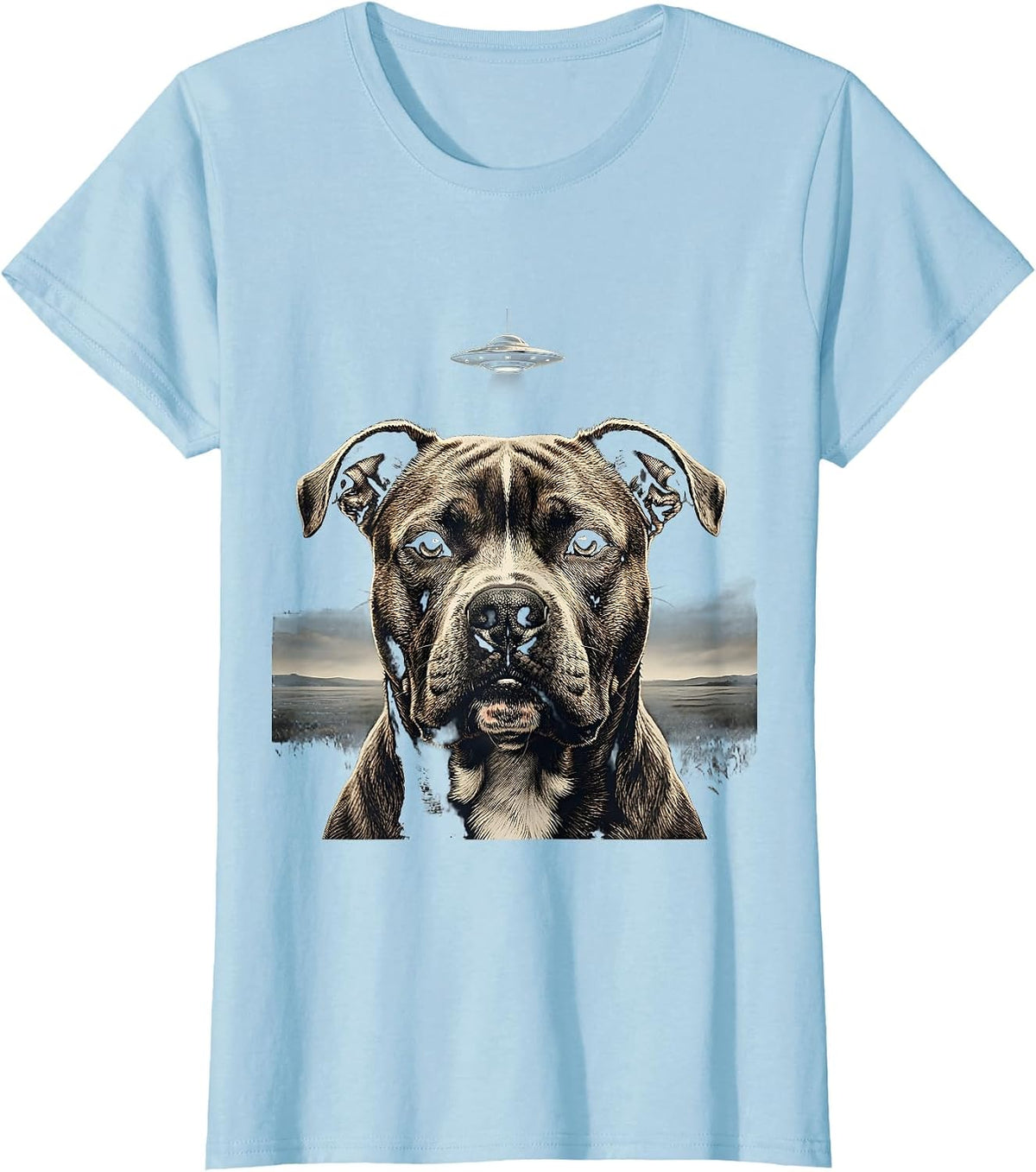 Women's Pitbull UFO Alien Abduction Funny Dog Humor T-Shirt - Baby Blue