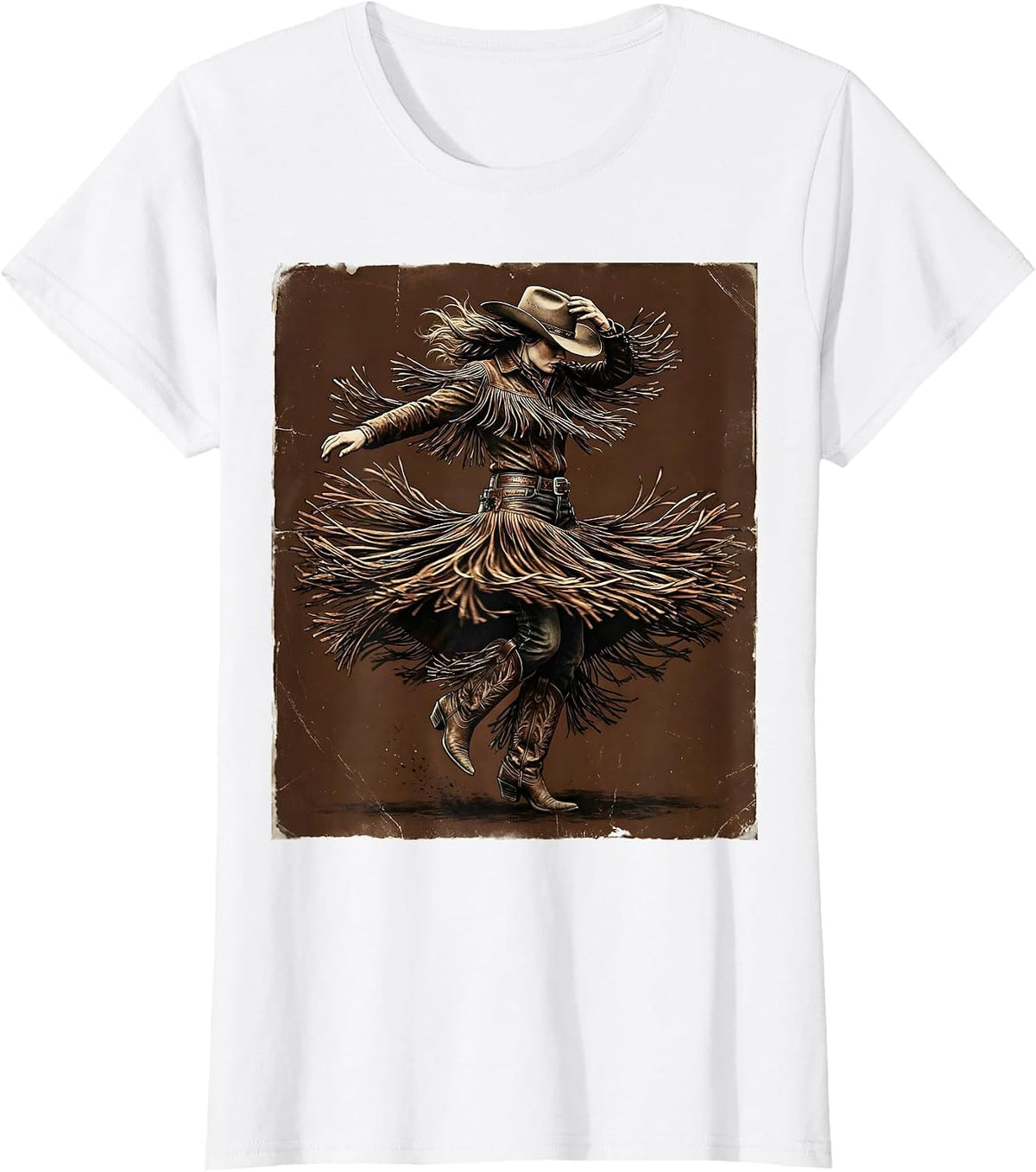 Women's Cowgirl Rodeo Spin Flying Fringe Graphic Tee T-Shirt - White