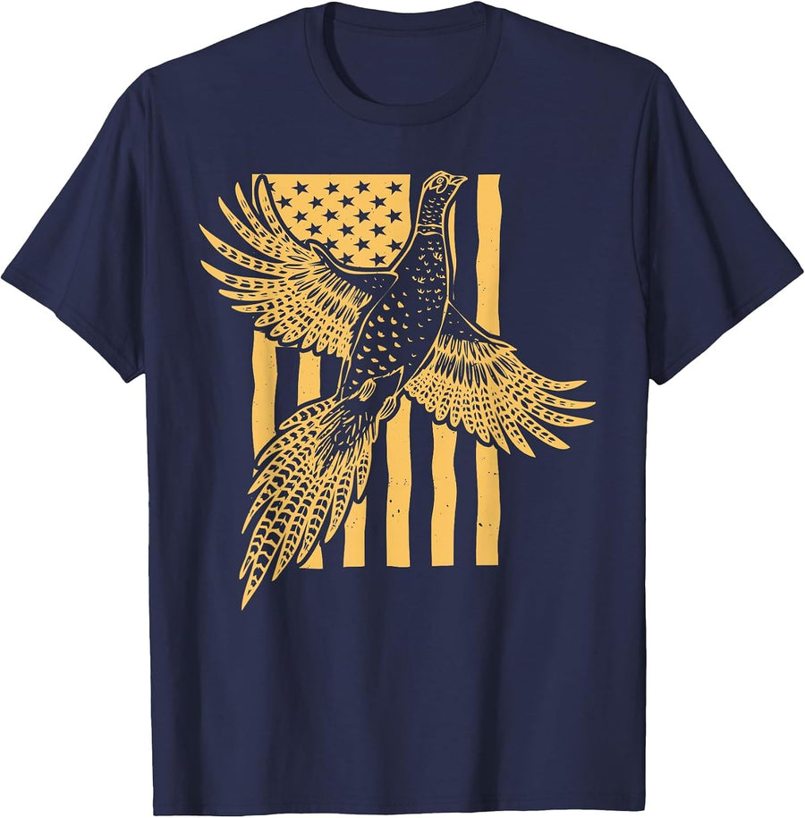 Vintage Pheasant Bird Hunter American Flag Hunting Father T-Shirt - Navy Blue