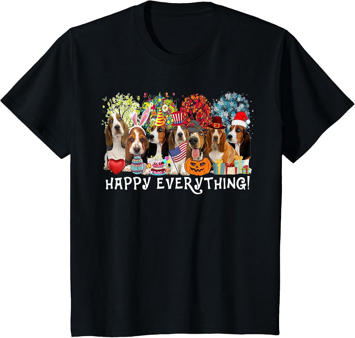 Happy Everything Bassett Hound Dog Seasons All Year Tree Lov T-Shirt - Black