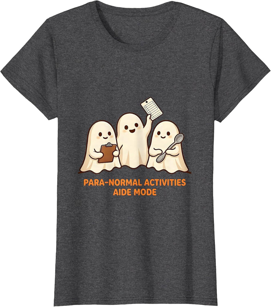 Women's Para-Normal Activities Aide Mode Cute Kawaii Ghost SpEd T-Shirt - Dark Heather Grey