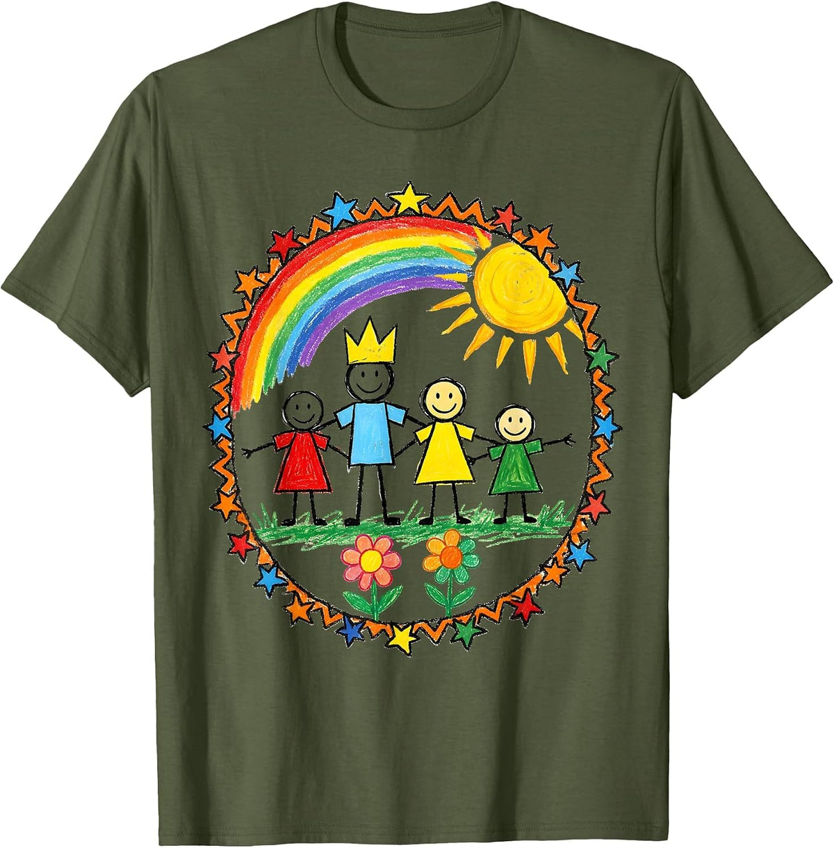 Men's Preschool Teacher Child Family Portrait Drawing T-Shirt - Olive Green