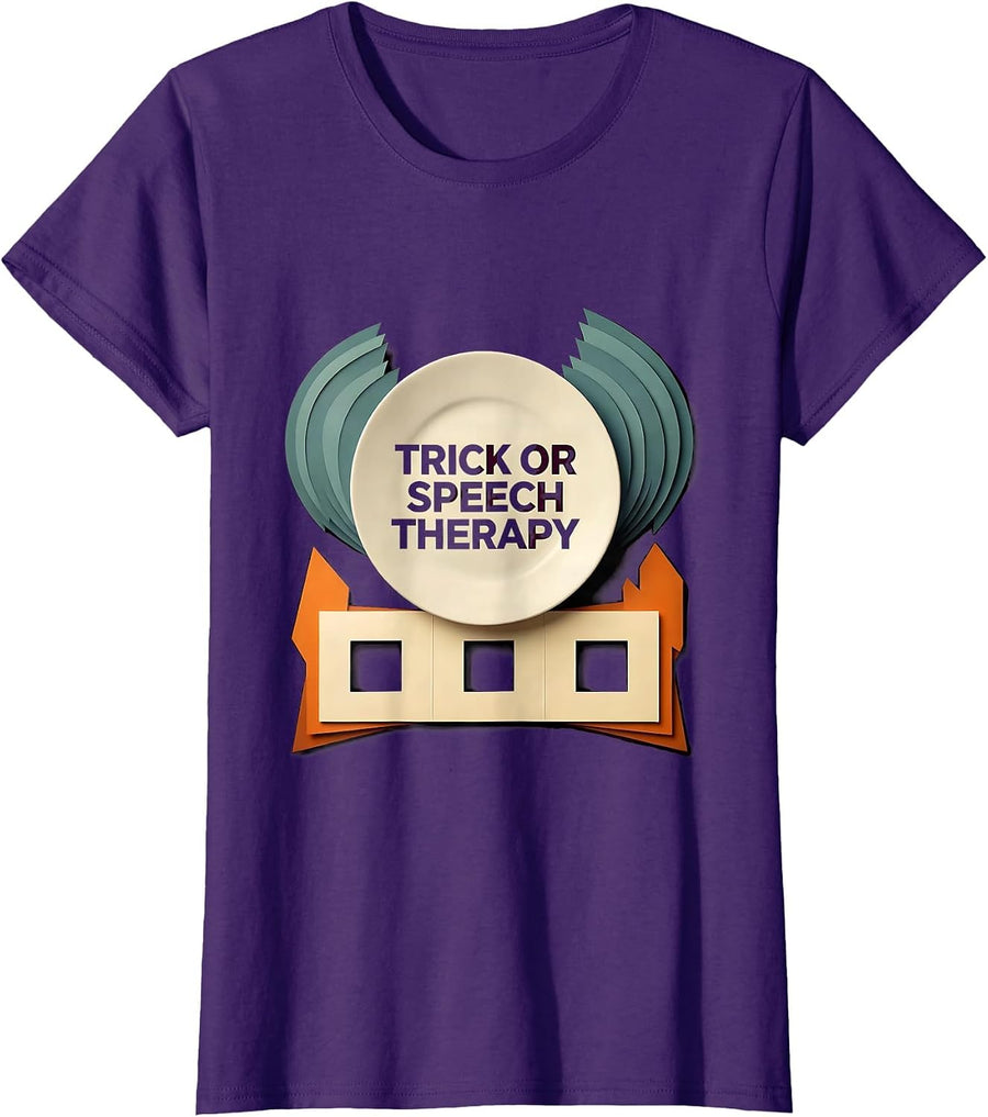 Women's Trick Or Speech Therapy Whimsical SLP Teacher Halloween T-Shirt - Purple
