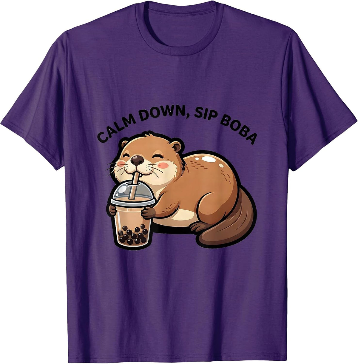 Calm Down, Sip Boba Cute Kawaii Anime Animal Boba Tea Lover T-Shirt - Purple