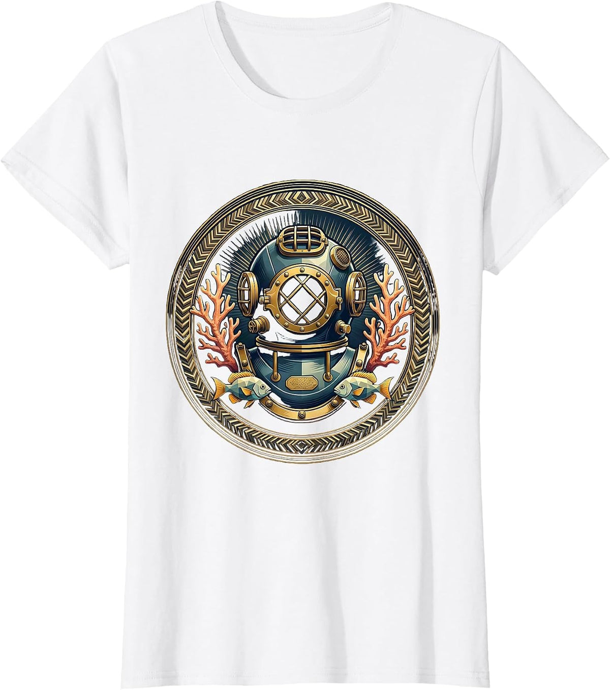 Women's Retro Diver Helmet Coral Reef Ocean Art T-Shirt - White