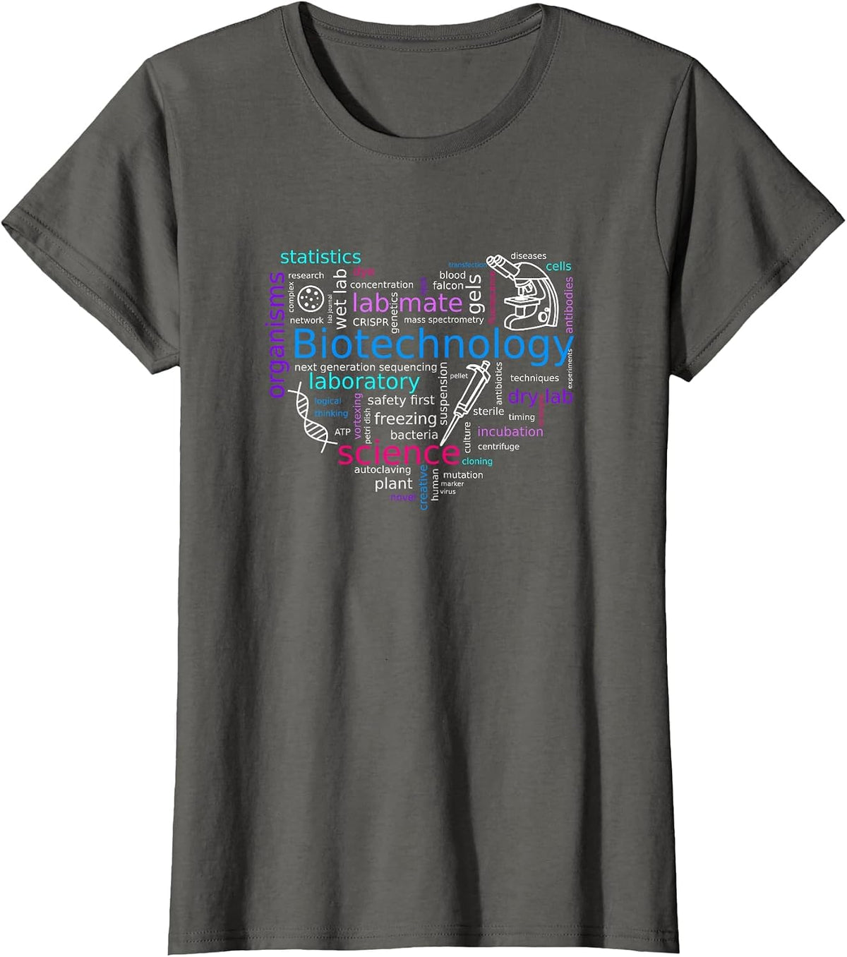 Word Cloud biotech with Microscope, Pipette and DNA T-Shirt - Asphalt Grey