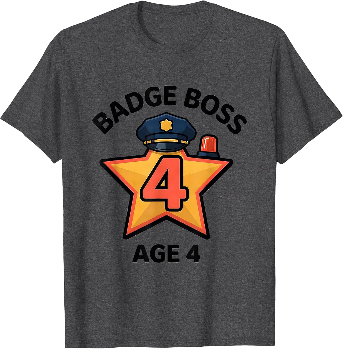 Badge Boss Age 4 Future Police Officer Kids Birthday Party T-Shirt - Dark Heather Grey
