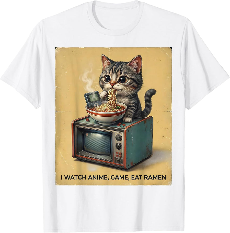 Men's I Watch Anime, Game, Eat Ramen Vintage Kawaii Anime Gamer T-Shirt - White