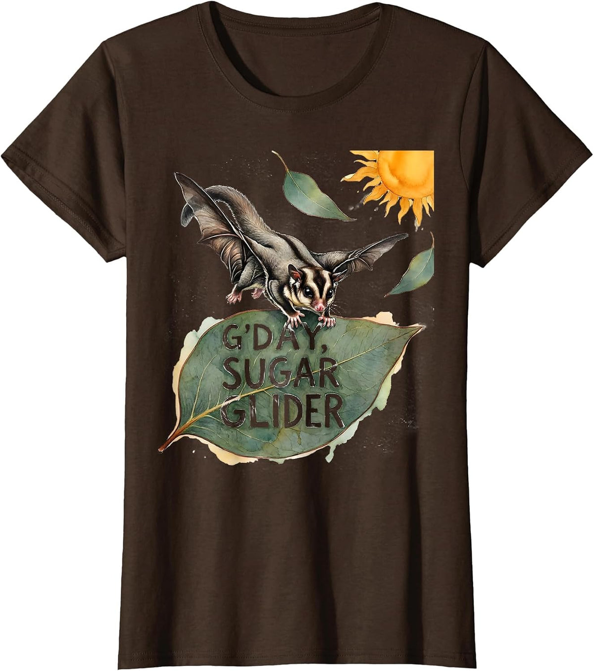 Women's G'day, Sugar Glider Watercolor Australian Wildlife Novelty T-Shirt - Brown