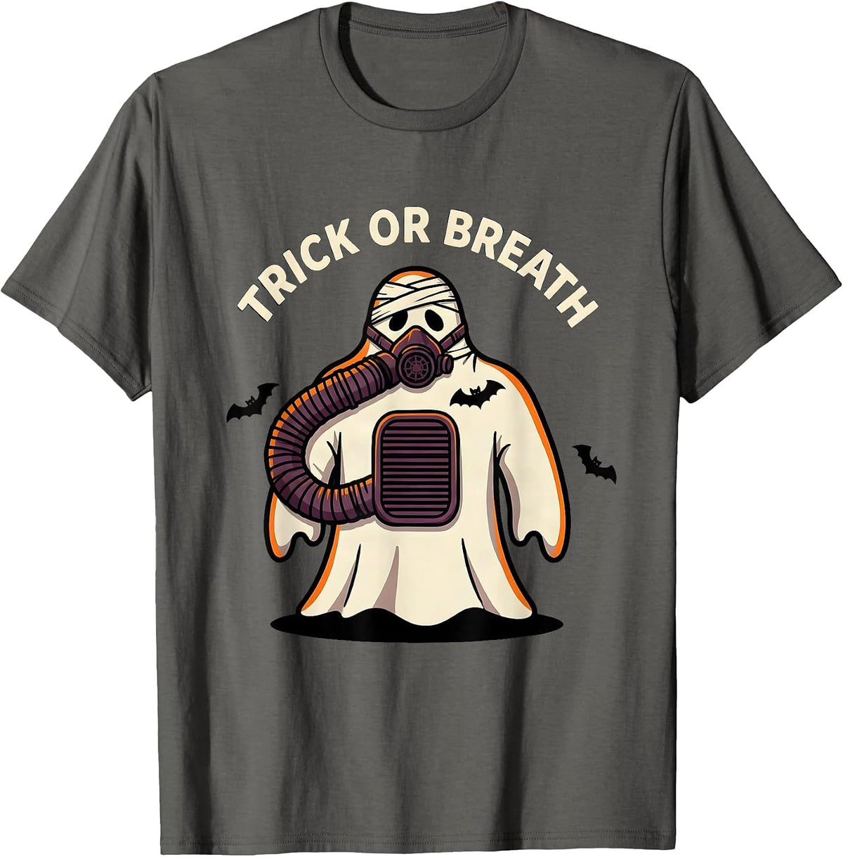 Trick Or Breath Cartoon Ghost Respiratory Therapist T-Shirt - Asphalt Grey