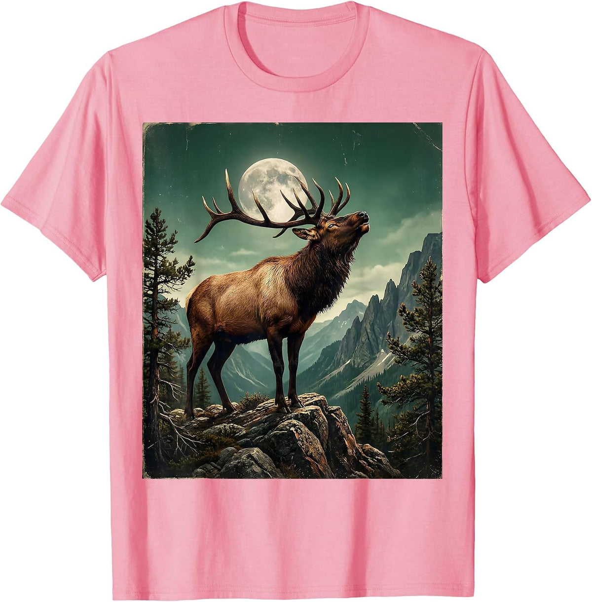 Men's Elk Bugling on Mountain Ridge Wildlife Design T-Shirt - Pink