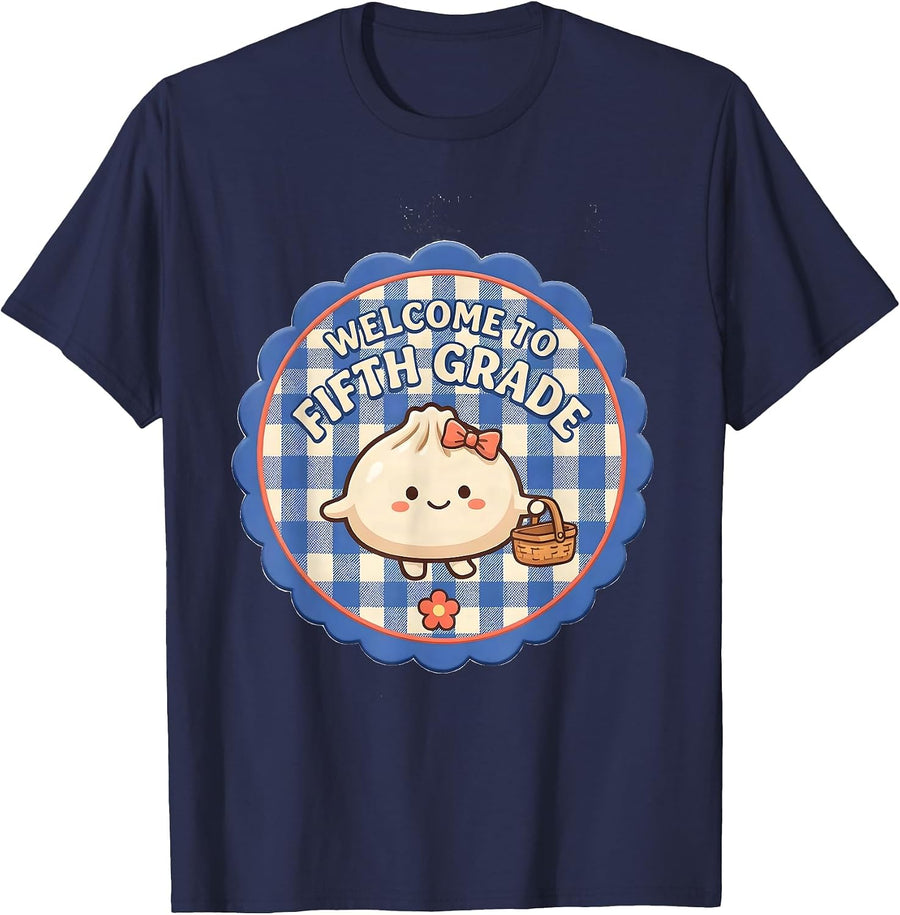 Welcome To Fifth Grade Cute Kawaii Dumpling Back to School T-Shirt - Navy Blue