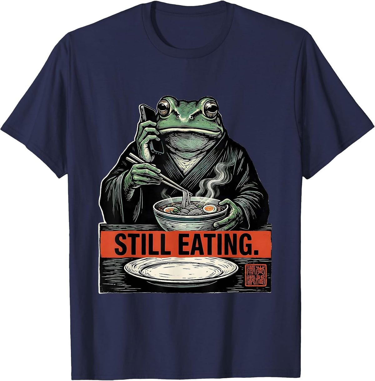 Men's Still Eating Grumpy Frog Ramen Japanese Art Ukiyo-e Humor T-Shirt - Navy Blue