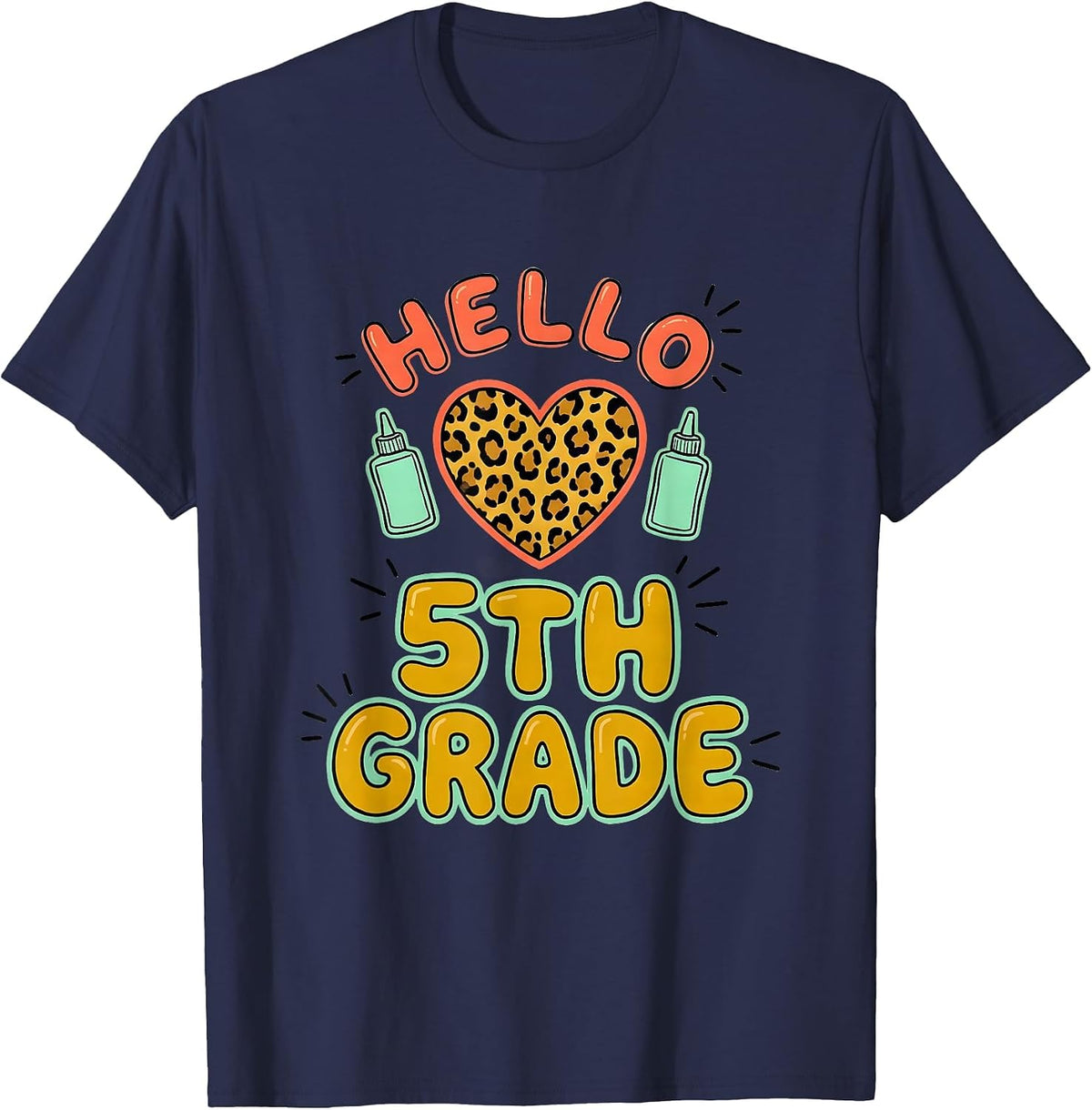 Men's Hello 5th Grade Casual Leopard Heart Back To School Girl T-Shirt - Navy Blue