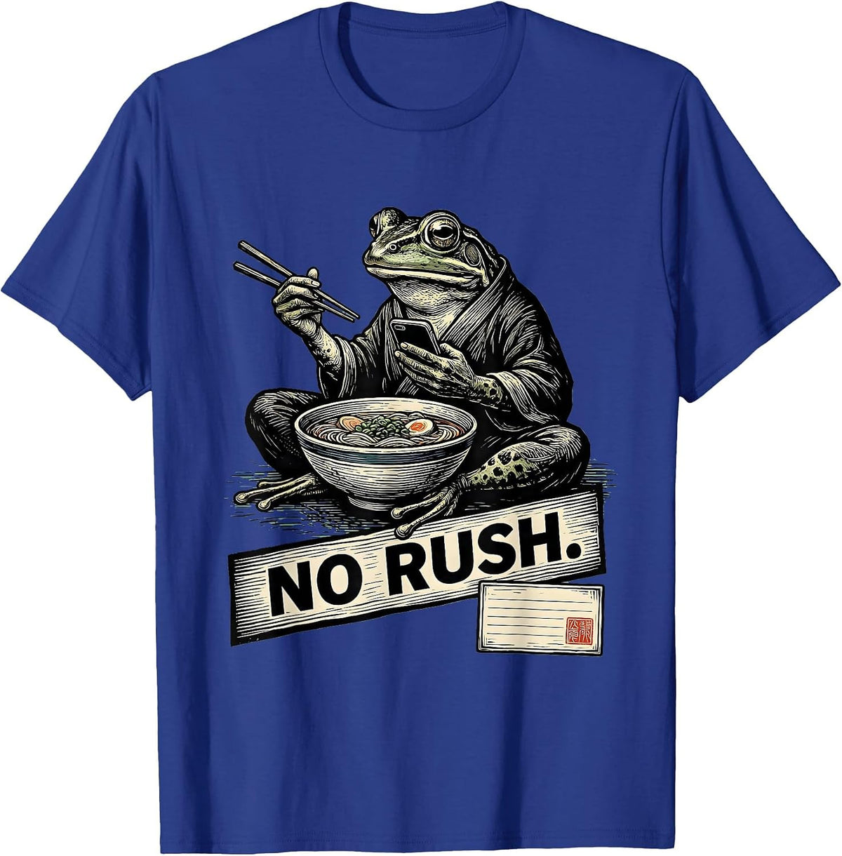 No Rush Funny Grumpy Frog Eat Ramen and Scroll Phone T-Shirt - Royal Blue