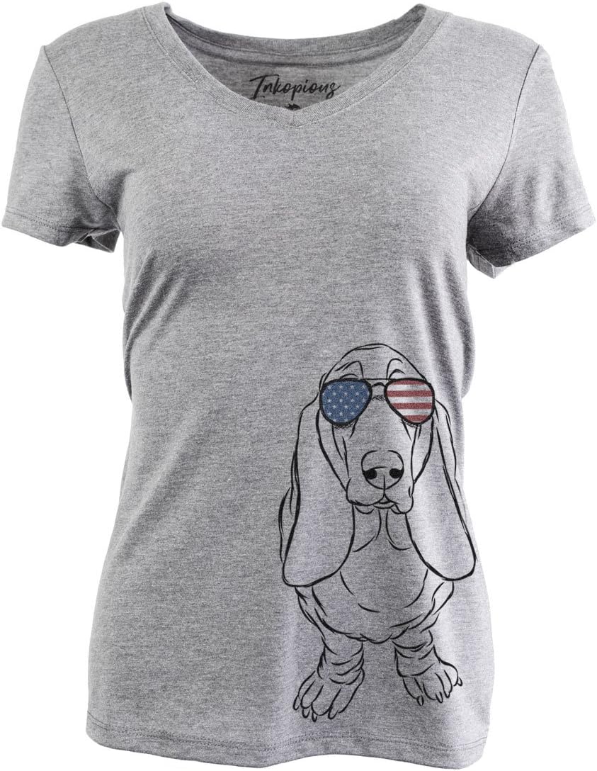 Inkopious Patriotic Charlie the Basset Hound Triblend T-Shirt - Grey Relaxed V-neck