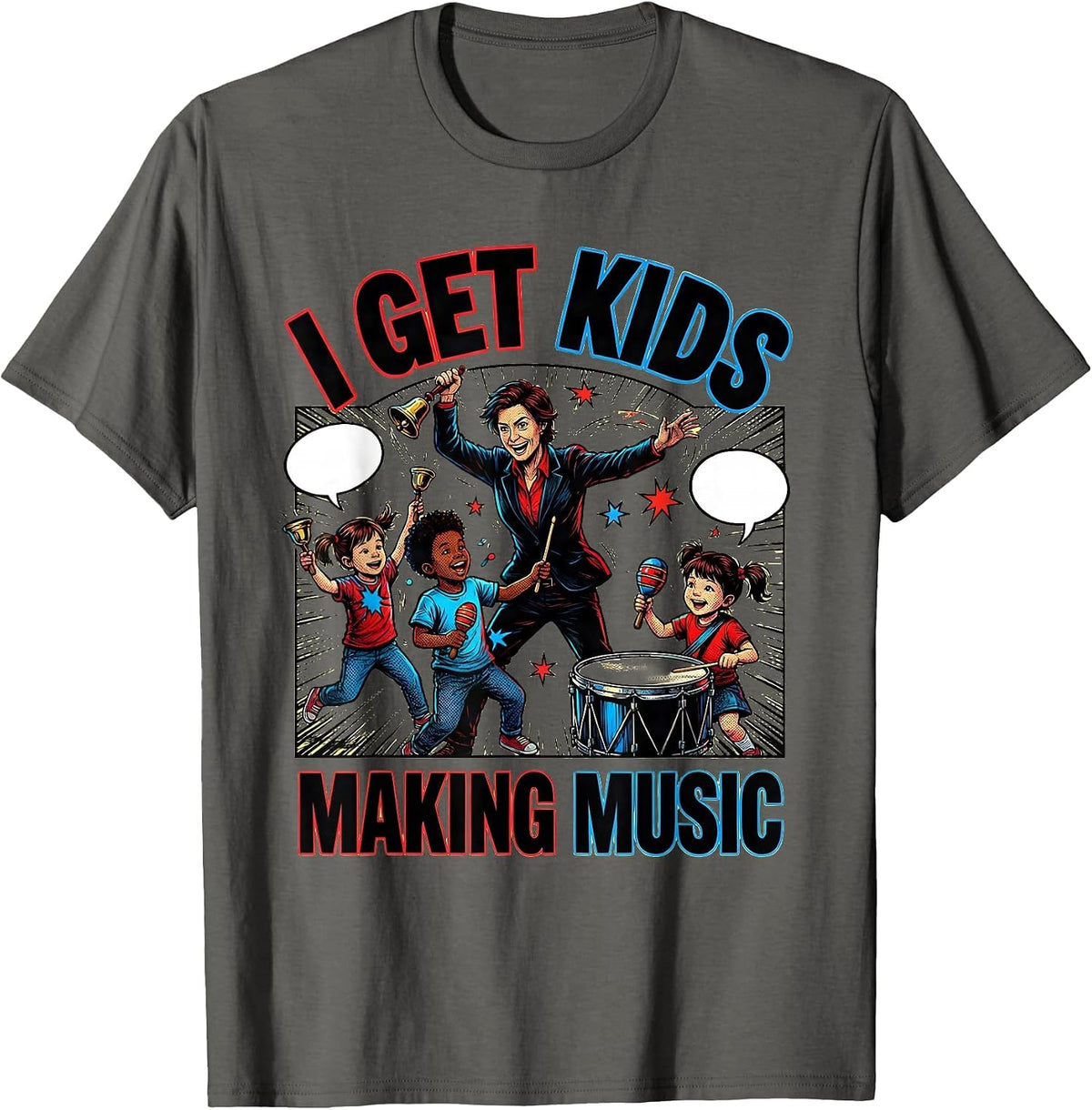 Men's I Get Kids Making Music Comic Book Music Teacher Back T-Shirt - Asphalt Grey