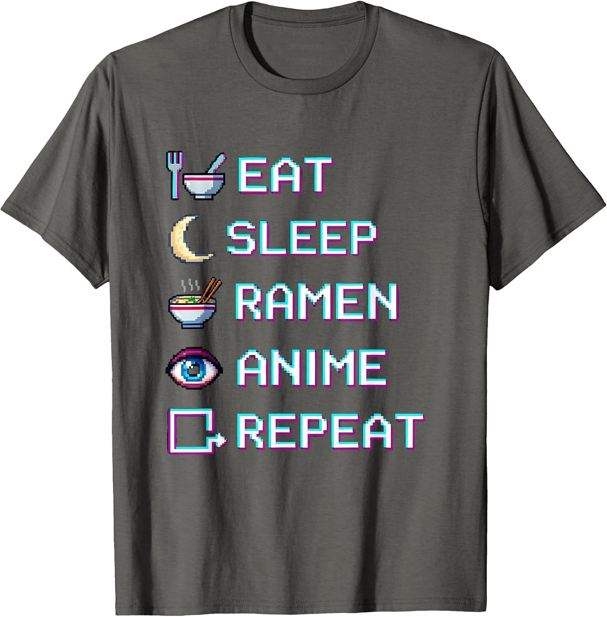 Eat Sleep Ramen Anime Repeat Pixel Art Kawaii Otaku Gamer T-Shirt - Asphalt Grey