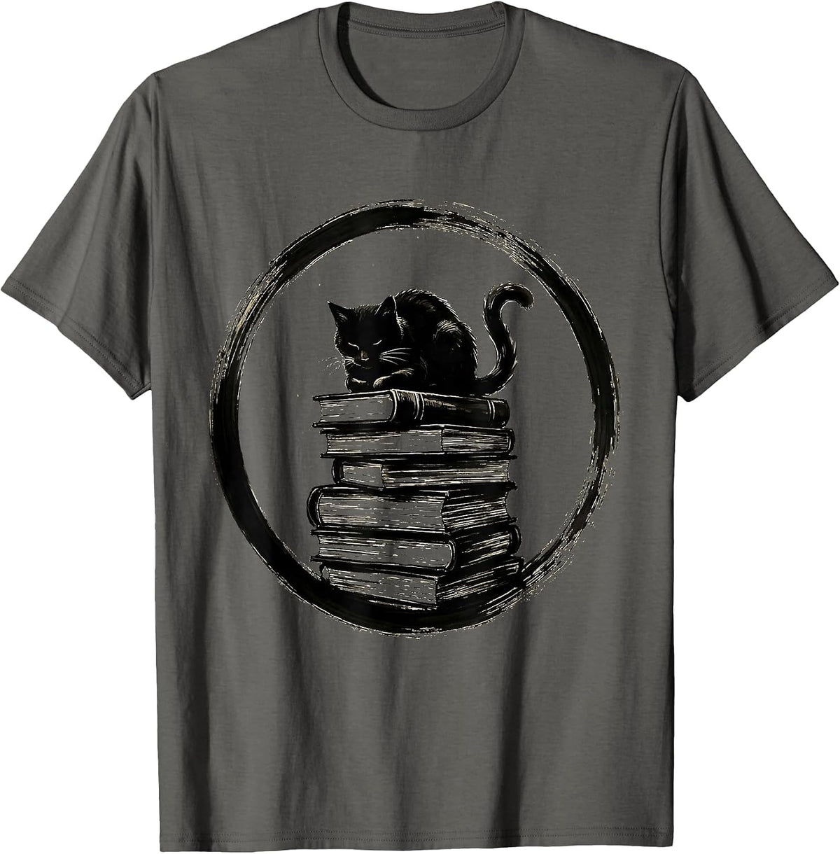 Men's Cat on a Stack of Books Illustration T-Shirt - Asphalt Grey