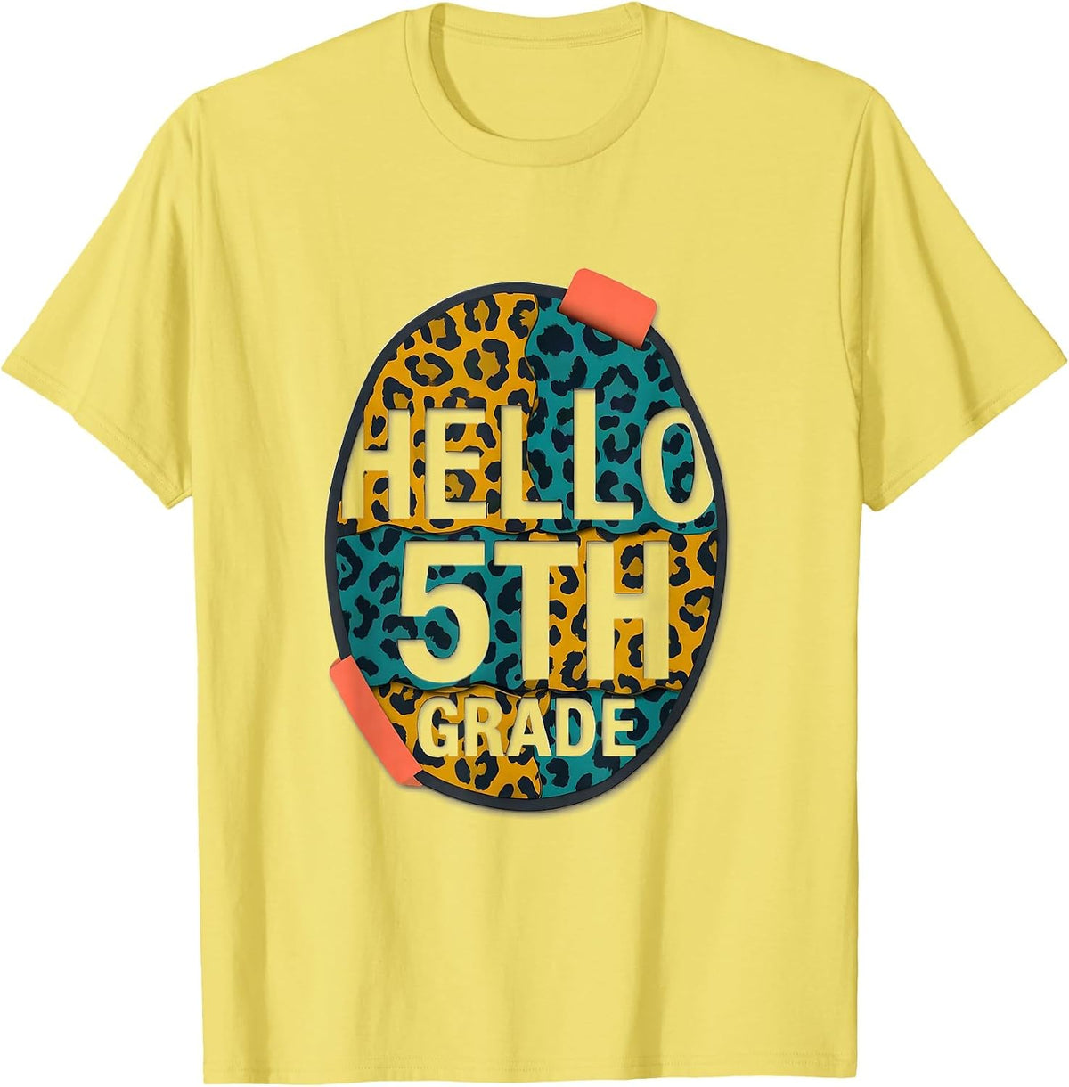 Men's Hello Fifth Grade Midcentury Modern Leopard Teacher Back T-Shirt - Lemon Yellow