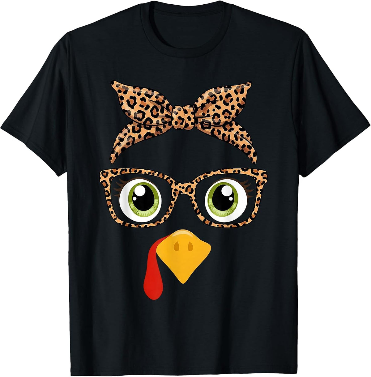 Turkey Face Girl Leopard Bow Headband Glasses Thanksgiving T-Shirt - Black