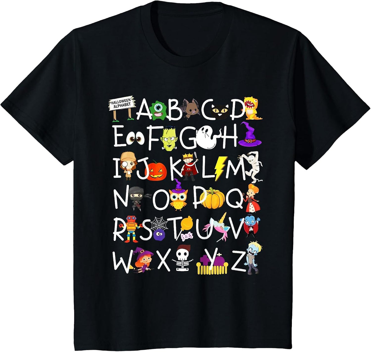 Alphabet ABCs Halloween Characters Kindergarten Teacher Kids T-Shirt - Black